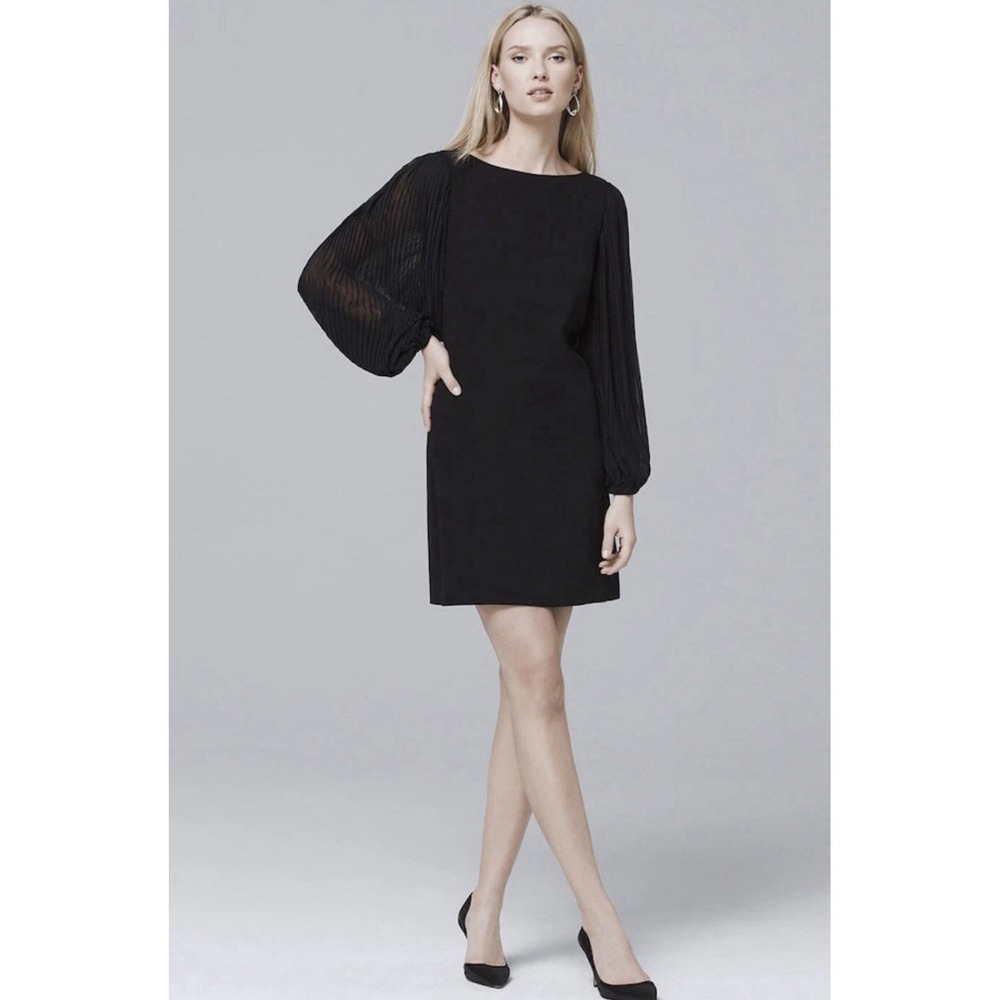 White House Black Market Black Chiffon Pleaded Sleeves Shift Dress Size‎ 4